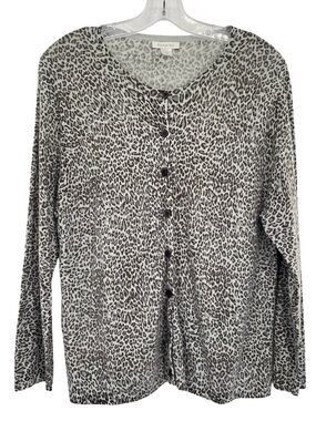 Garnet Hill Gray Leopard Print Wool Cardigan Sweater Size XL